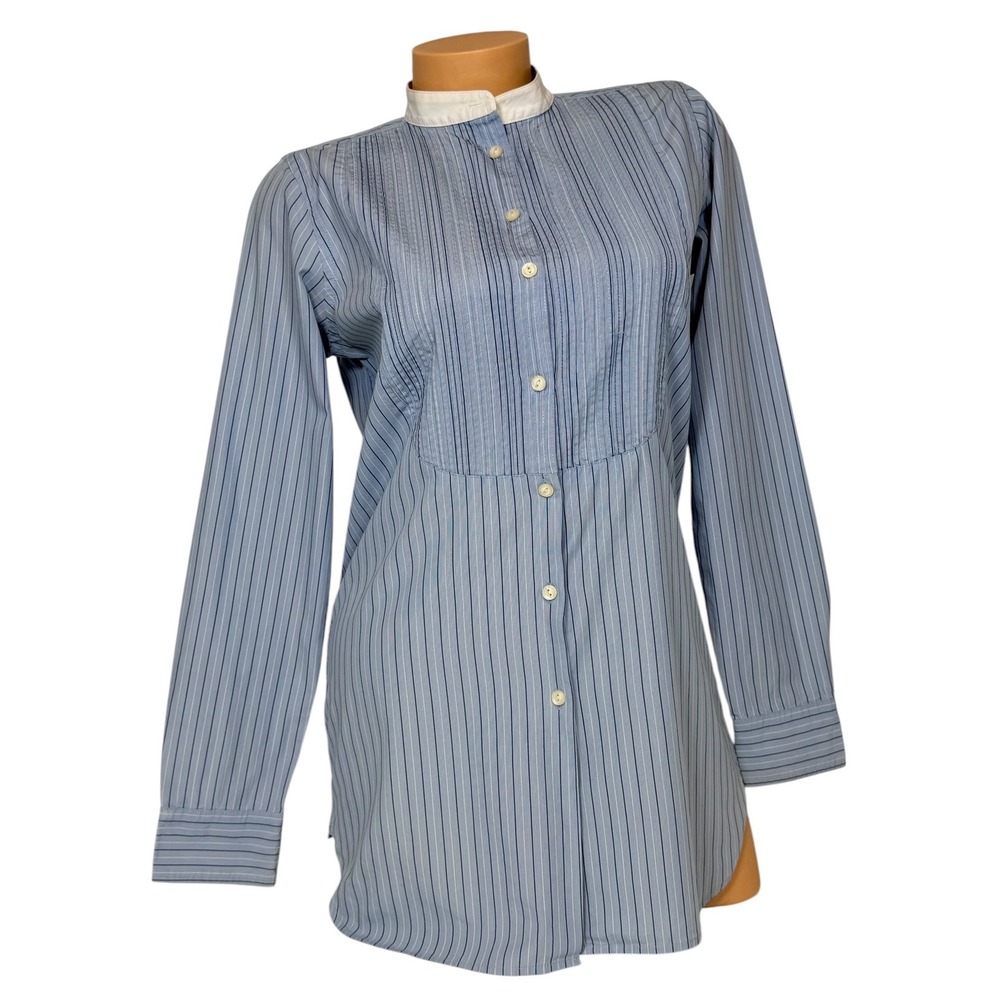 Lauren Ralph Lauren Women's Blue Striped Band Collar Pleated Bib Tunic Shirt XS